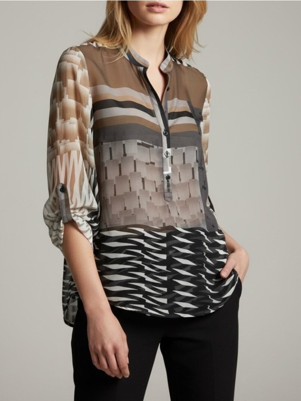 Joseph Ribkoff Silk Chiffon Blouse Size 12 Sheer Abstract Print Roll Tab Sleeve